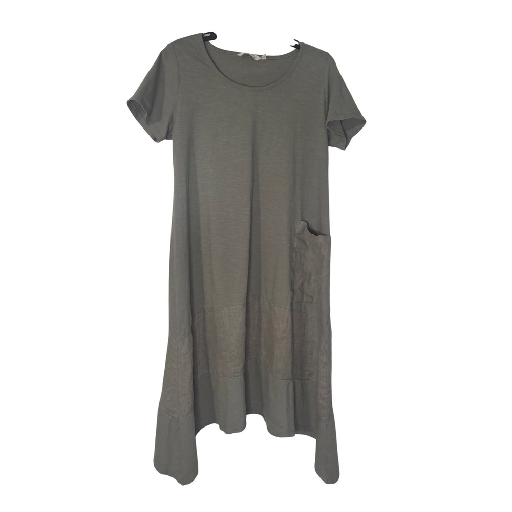 Soft Surroundings Womens Olive Green Cotton Linen Mixed Media Midi Dress 2CB70 M